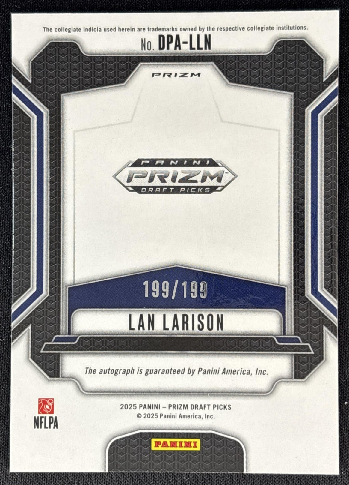 Lan Larison 2025 Panini Prizm Draft Picks Auto Purple Ice /199 back