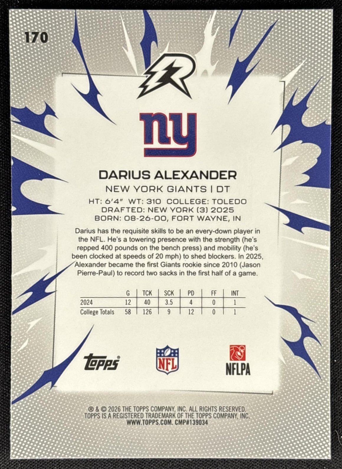Darius Alexander 2025 Topps Resurgence Blue and Orange Spark Refractor Giants Sports Trading Card