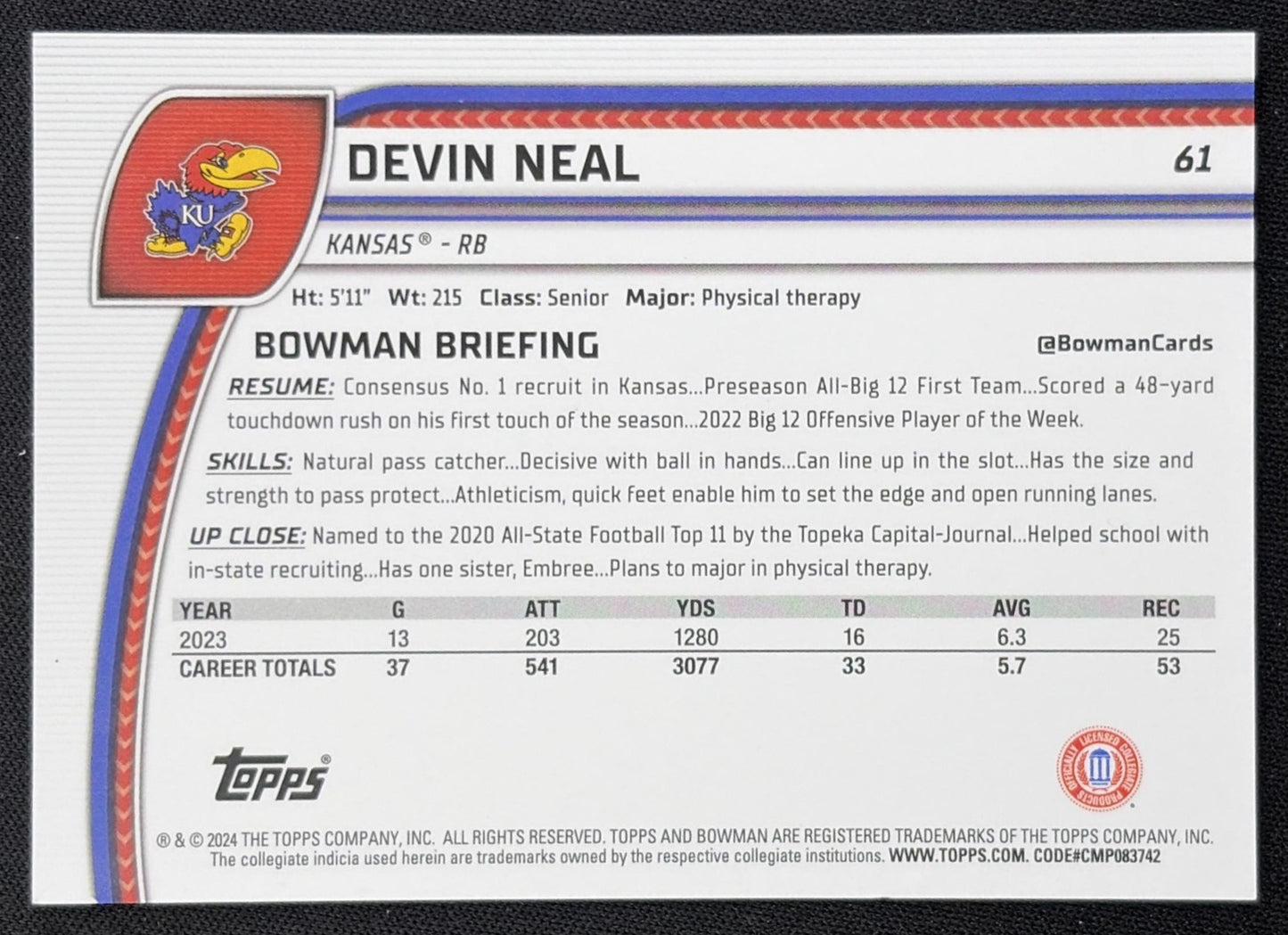 Devin Neal 2024 Bowman Chrome University Purple Mini Diamond Refractor /375 Jayhawks