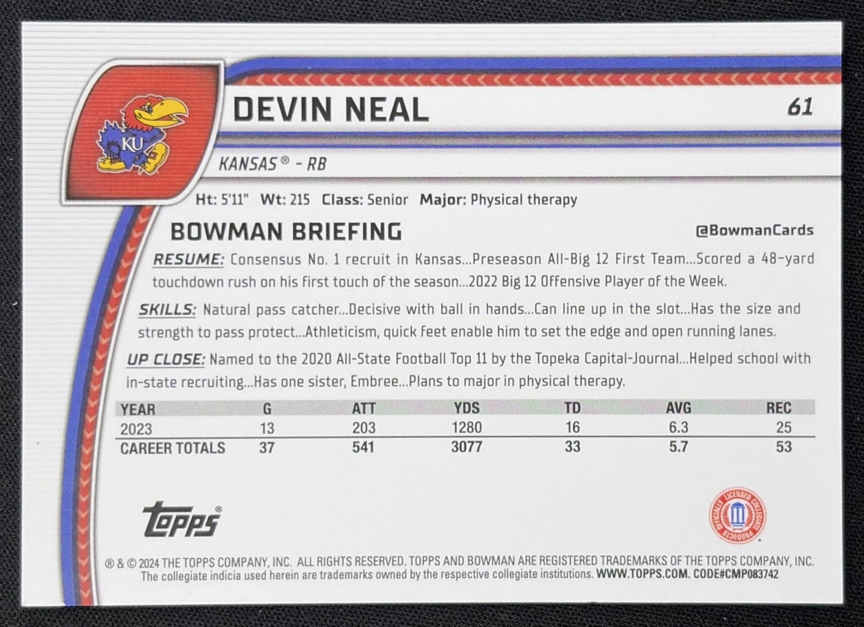 Devin Neal 2024 Bowman Chrome University Purple Mini Diamond Refractor /375 Jayhawks