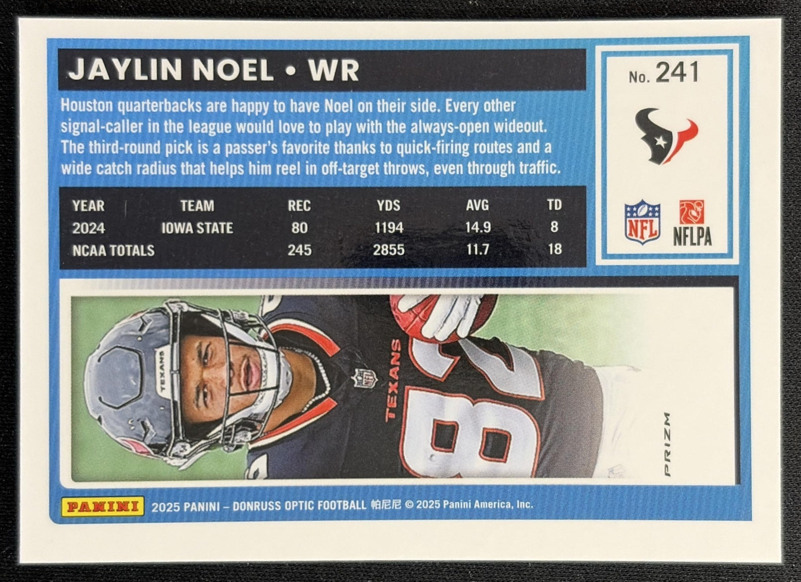 Jaylin Noel 2025 Panini Donruss Optic Rated Rookie Blue Hyper Prizm Texans back