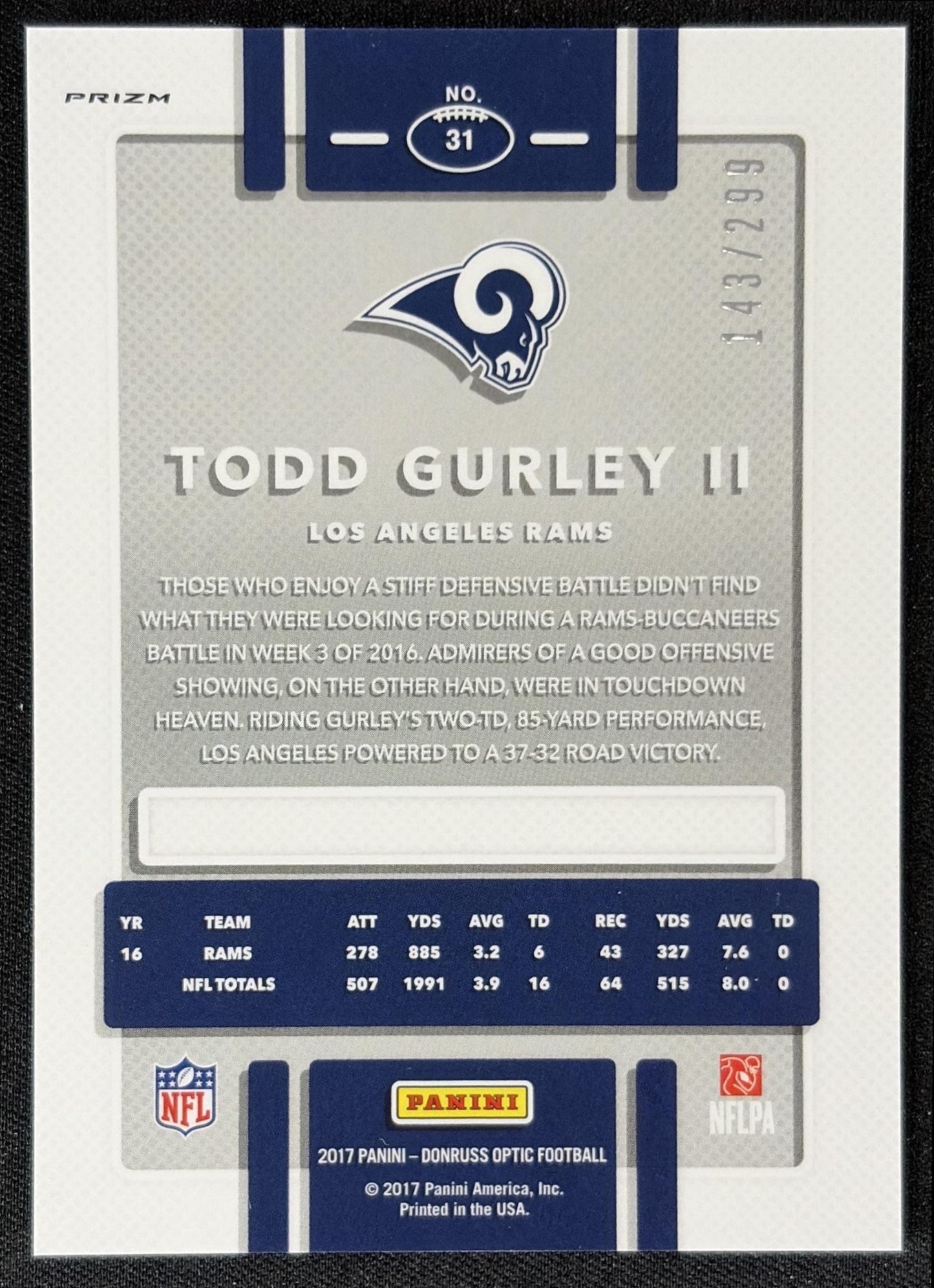 Todd Gurley II 2017 Panini Donruss Optic Aqua /299 Rams