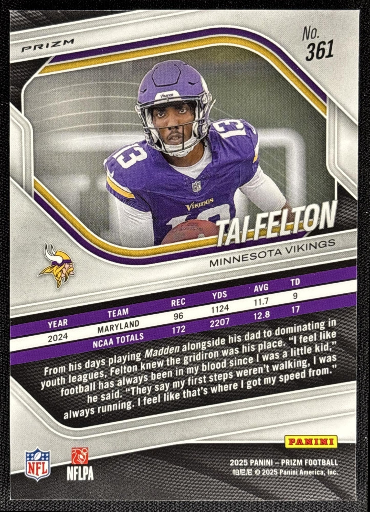 Tai Felton 2025 Panini Prizm Black & White Checker Vikings