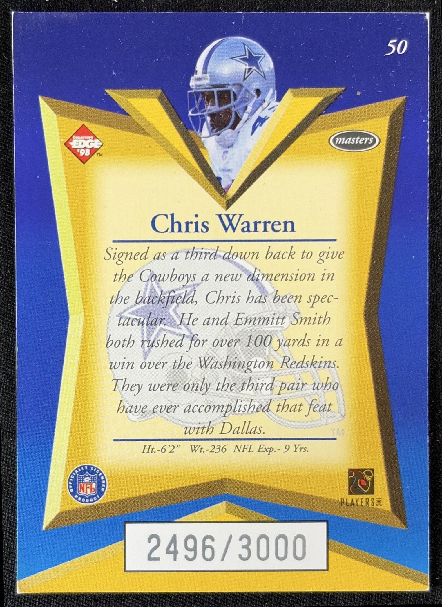 Chris Warren 1998 Collector's Edge Masters 50 Point /3000 Cowboys