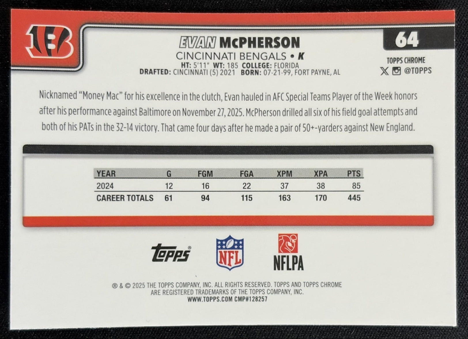 Evan McPherson 2025 Topps Chrome Football Leather Refractor Bengals