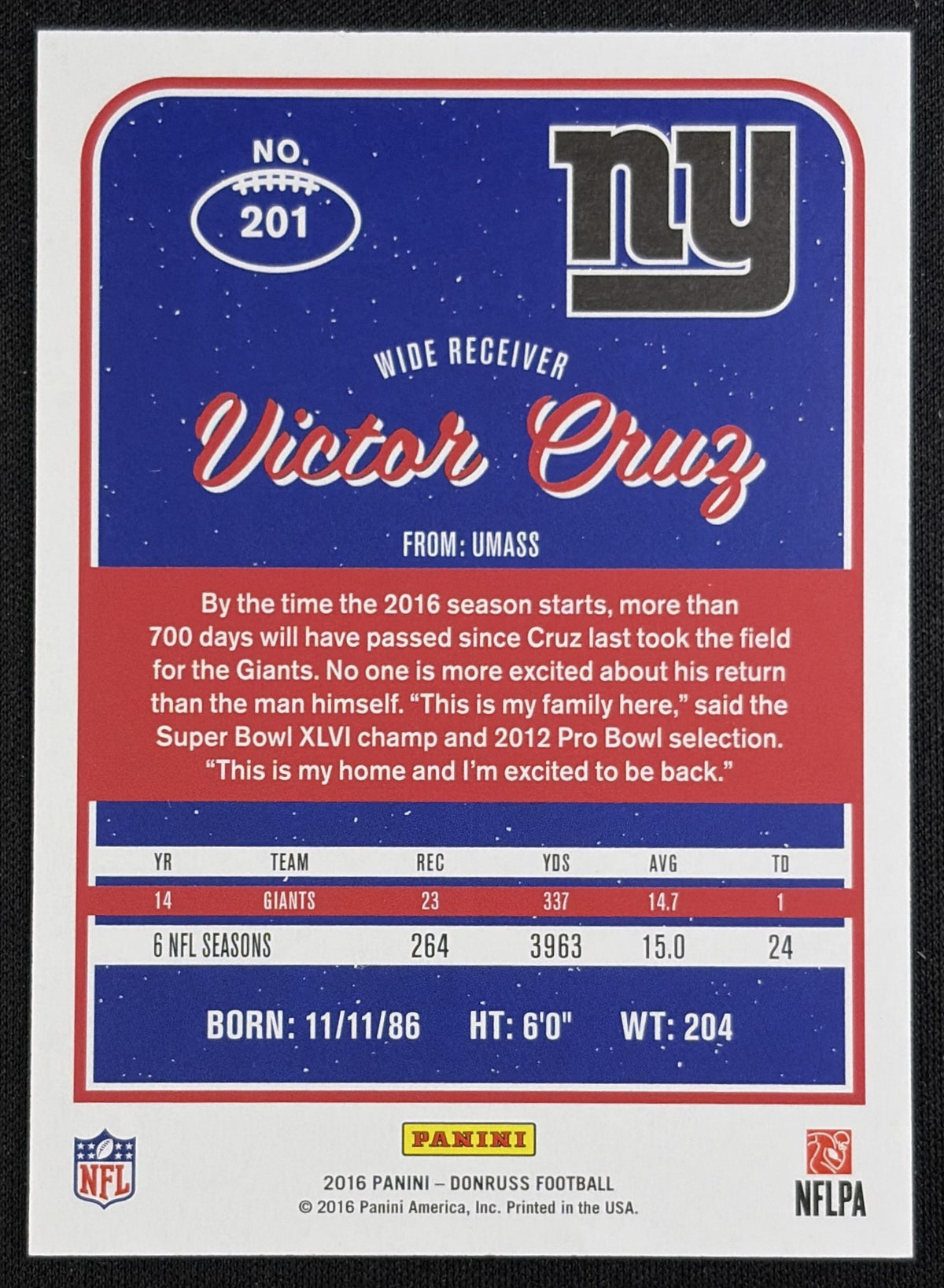 Victor Cruz 2016 Panini Donruss Press Proofs Silver /100 Giants New York Giants Sports Trading Card