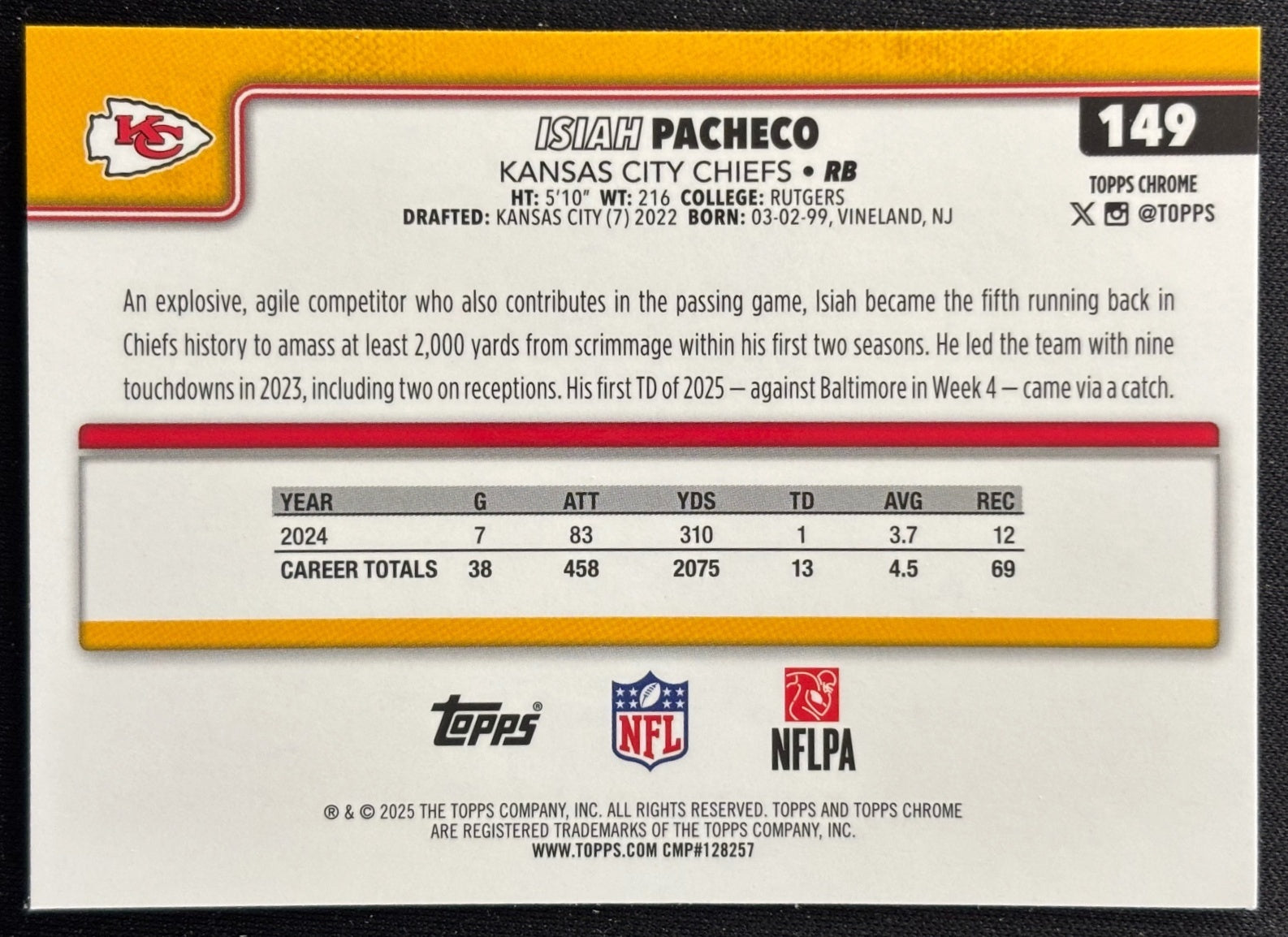Isiah Pacheco 2025 Topps Chrome Chiefs Sports Trading Cards