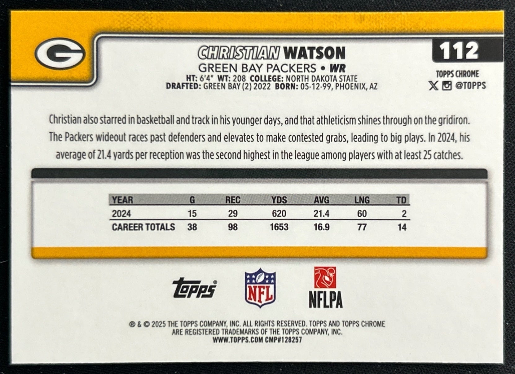 Christian Watson 2025 Topps Chrome Packers Sports Trading Cards