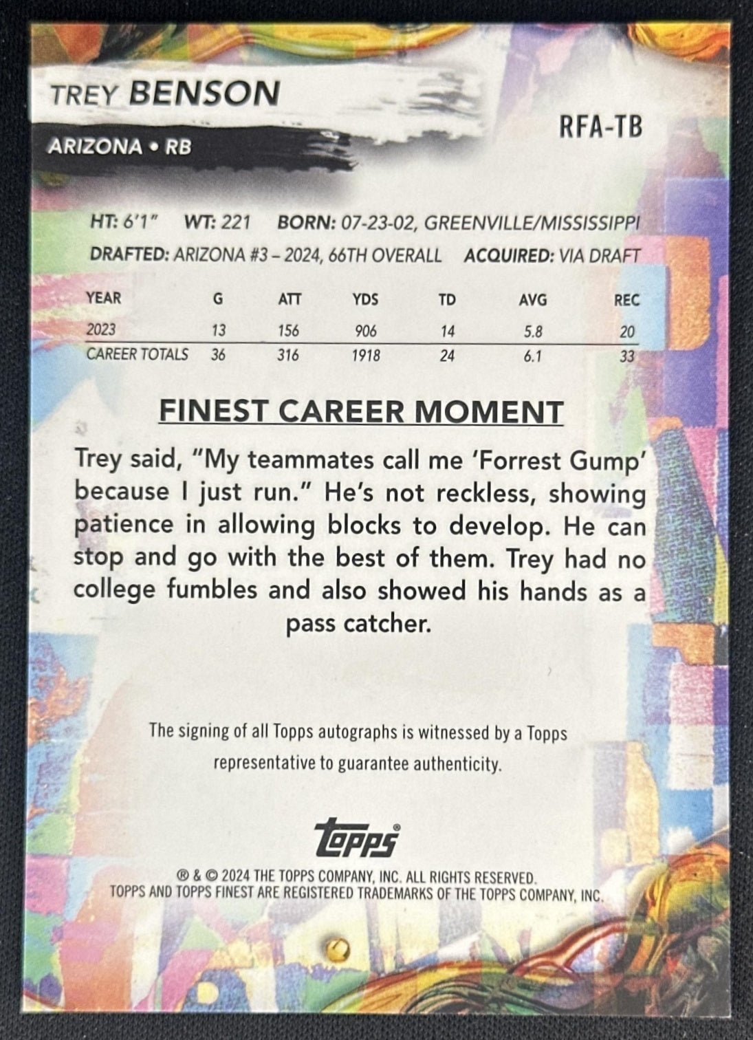 Trey Benson 2024 Topps Finest Rookie Auto Cardinals Sports Trading Cards