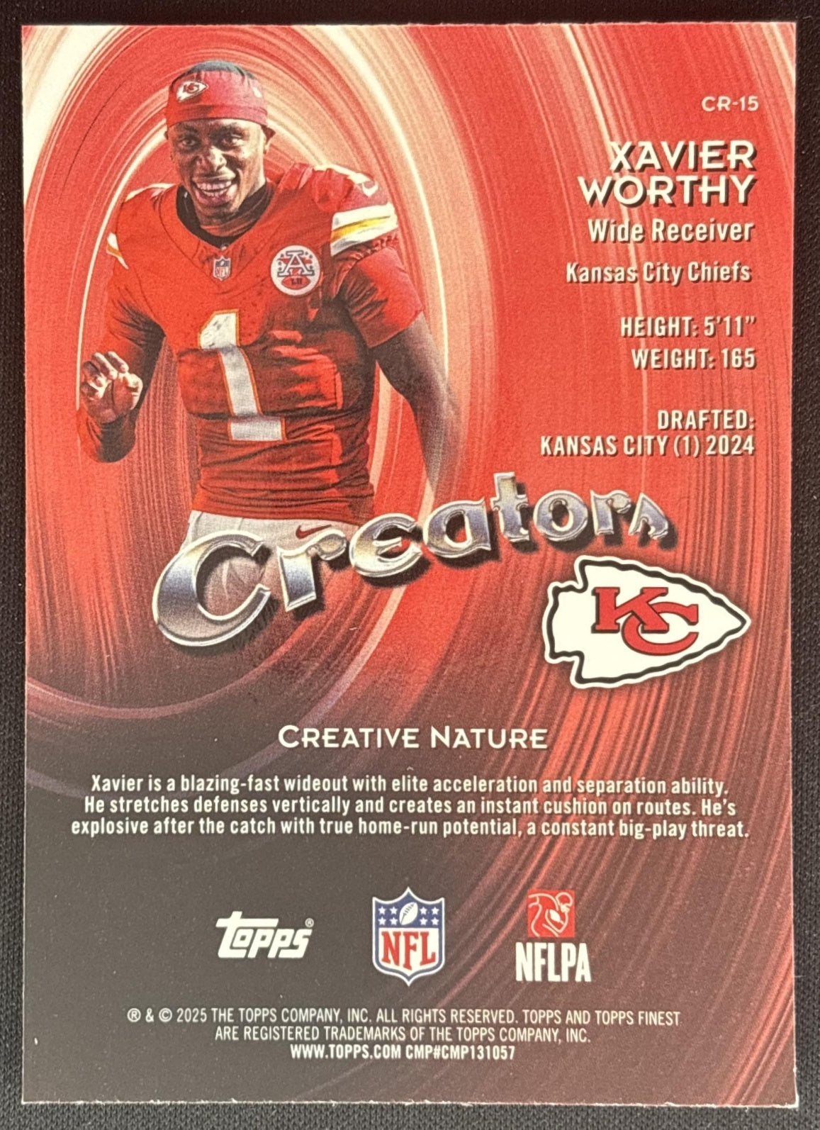 Xavier Worthy 2025 Topps Finest Creators Blue Refractor /99 Chiefs back