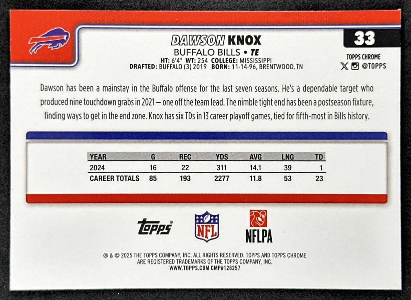 Dawson Knox 2025 Topps Chrome RayWave Refractor Bills back
