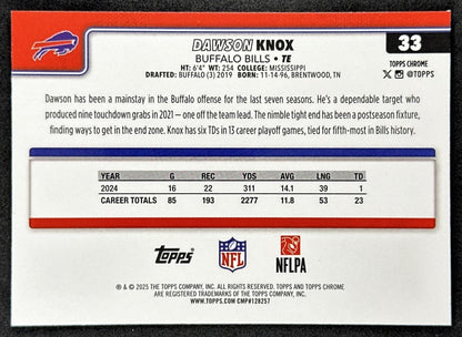 Dawson Knox 2025 Topps Chrome RayWave Refractor Bills back