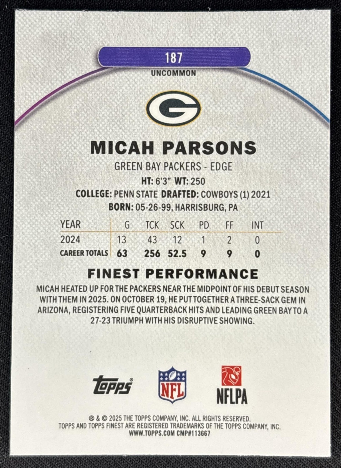 Micah Parsons 2025 Topps Finest Uncommon Blue Refractor /150 Packers Back