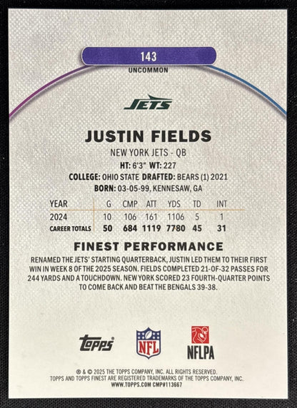 Justin Fields 2025 Topps Finest Uncommon Green Geometric Refractor /35 Jets back