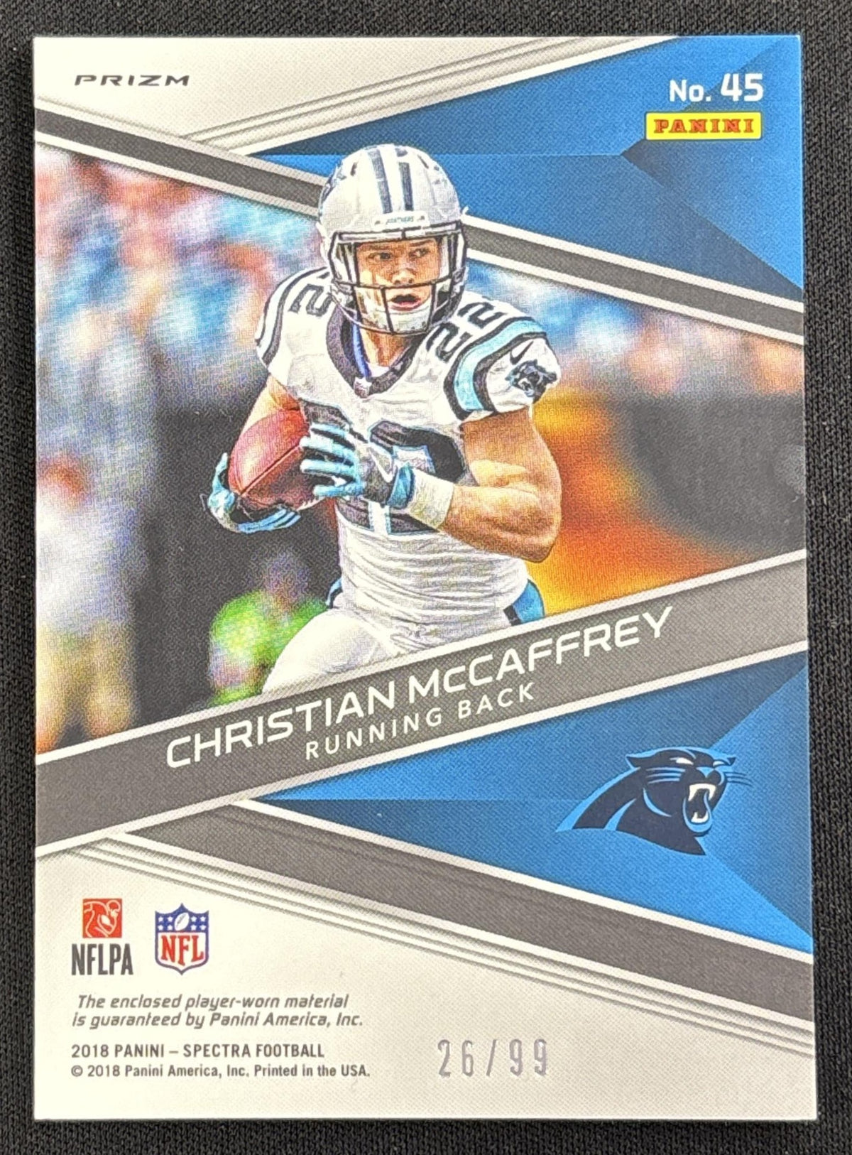 Christian McCaffrey 2018 Panini Spectra Sunday Spectacle Neon Blue /99 Panthers