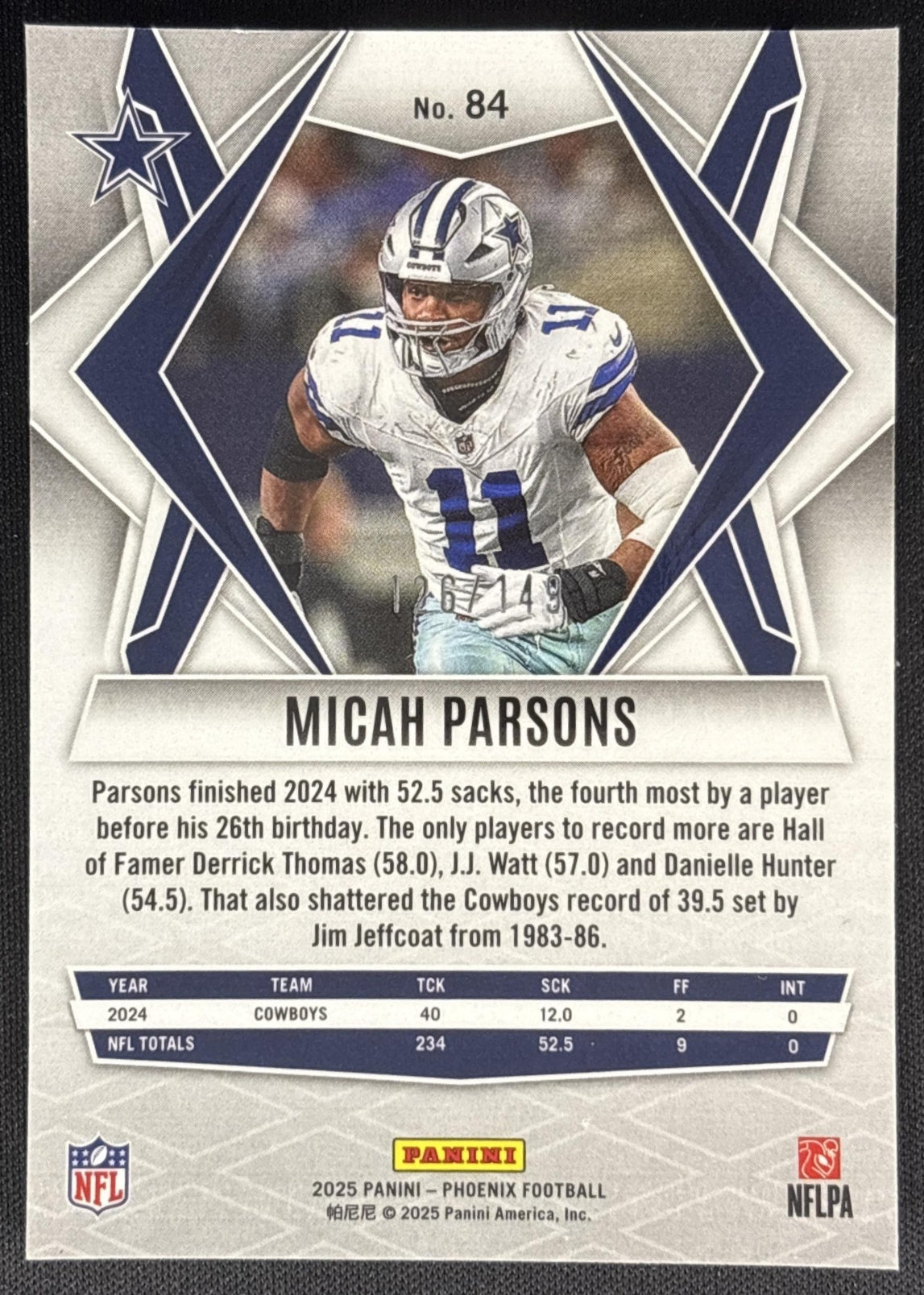 Micah Parsons 2025 Panini Phoenix Pink Lazer Prizm /149 Cowboys Sports Trading Cards