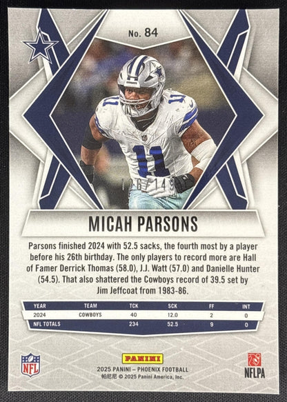 Micah Parsons 2025 Panini Phoenix Pink Lazer Prizm /149 Cowboys Sports Trading Cards