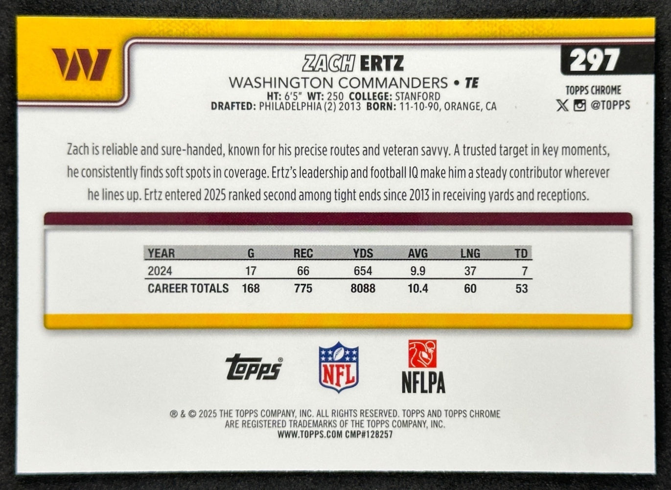 Zach Ertz 2025 Topps Chrome RayWave Refractor Commanders Sports Trading Cards