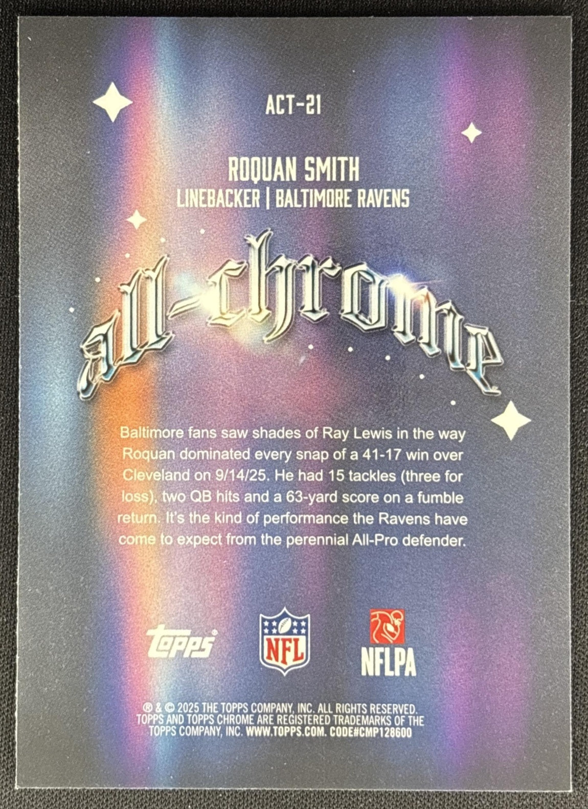 Roquan Smith 2025 Topps Chrome All Team Yellow Refractor /275 Ravens Sports Trading Cards