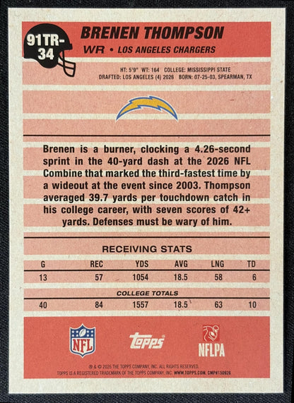 Brenen Thompson 2026 Topps 1991 Rookie Chargers back