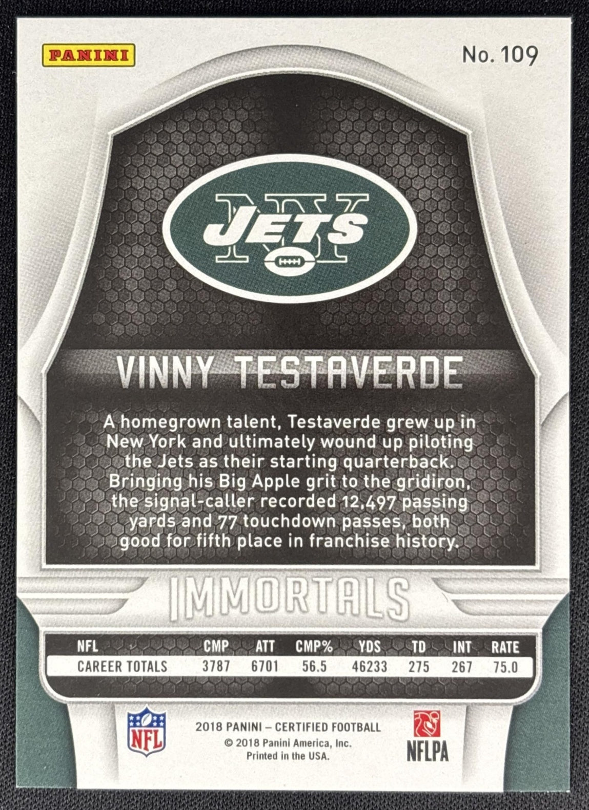 Vinny Testaverde 2018 Panini Certified Mirror Orange /225 Jets back