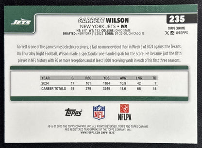 Garrett Wilson 2025 Topps Chrome Yellow Wave Refractor /275 Jets back