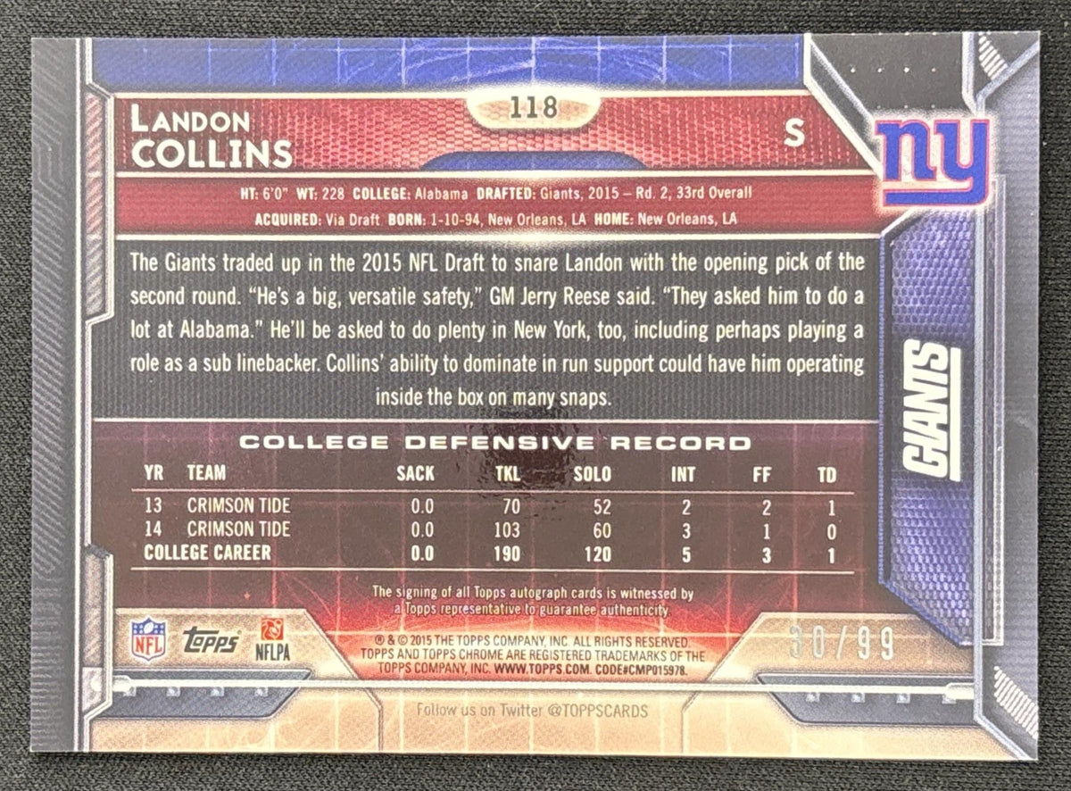 Landon Collins 2015 Topps Chrome Rookie Auto Camo Refractor /99 Giants Sports Trading Card