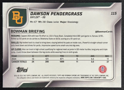 Dawson Pendergrass 2025 Bowman Chrome University Sapphire Prospect Sports Trading Card