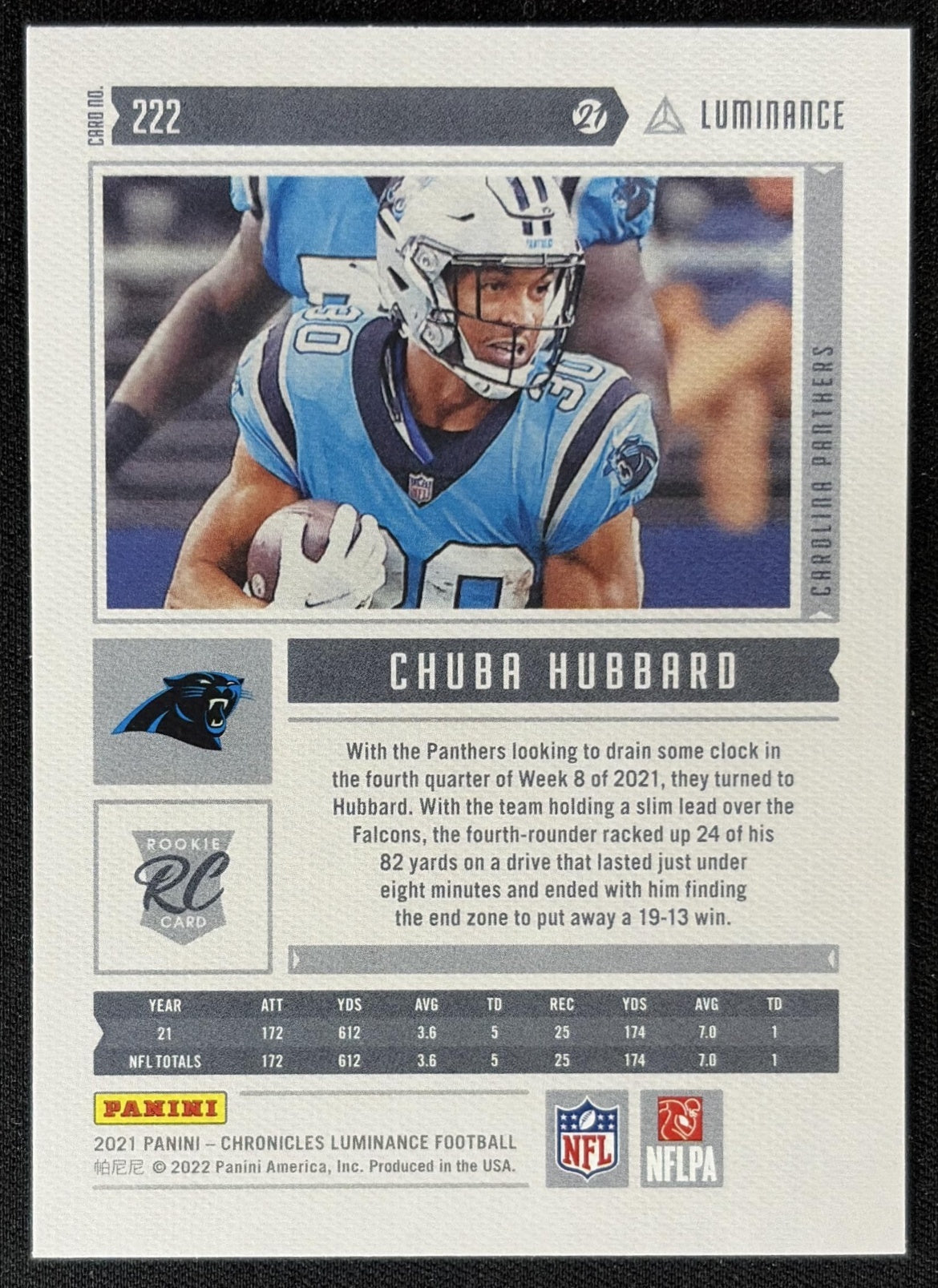 Chuba Hubbard 2021 Panini Chronicles Luminance Update Rookies Panthers