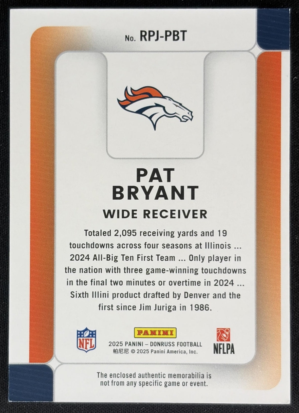 Pat Bryant 2025 Panini Donruss Rookie Phenom Jerseys Broncos back