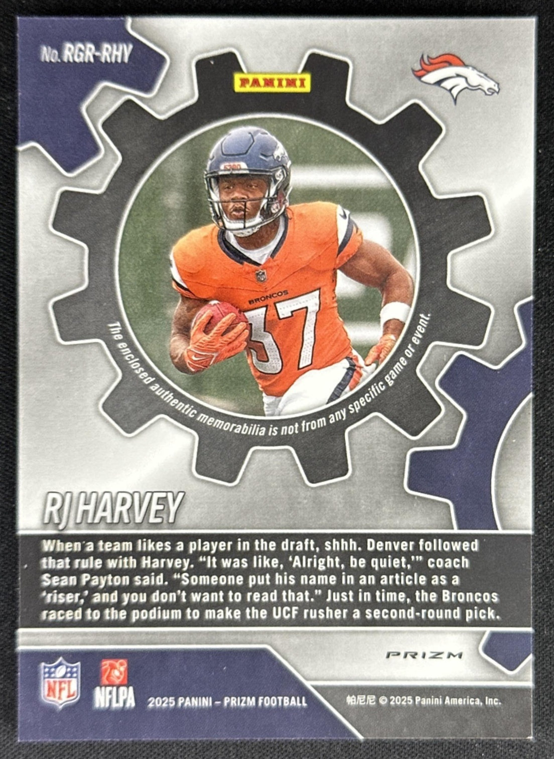 RJ Harvey 2025 Panini Prizm Rookie Gear Neon Green Pulsar Broncos
