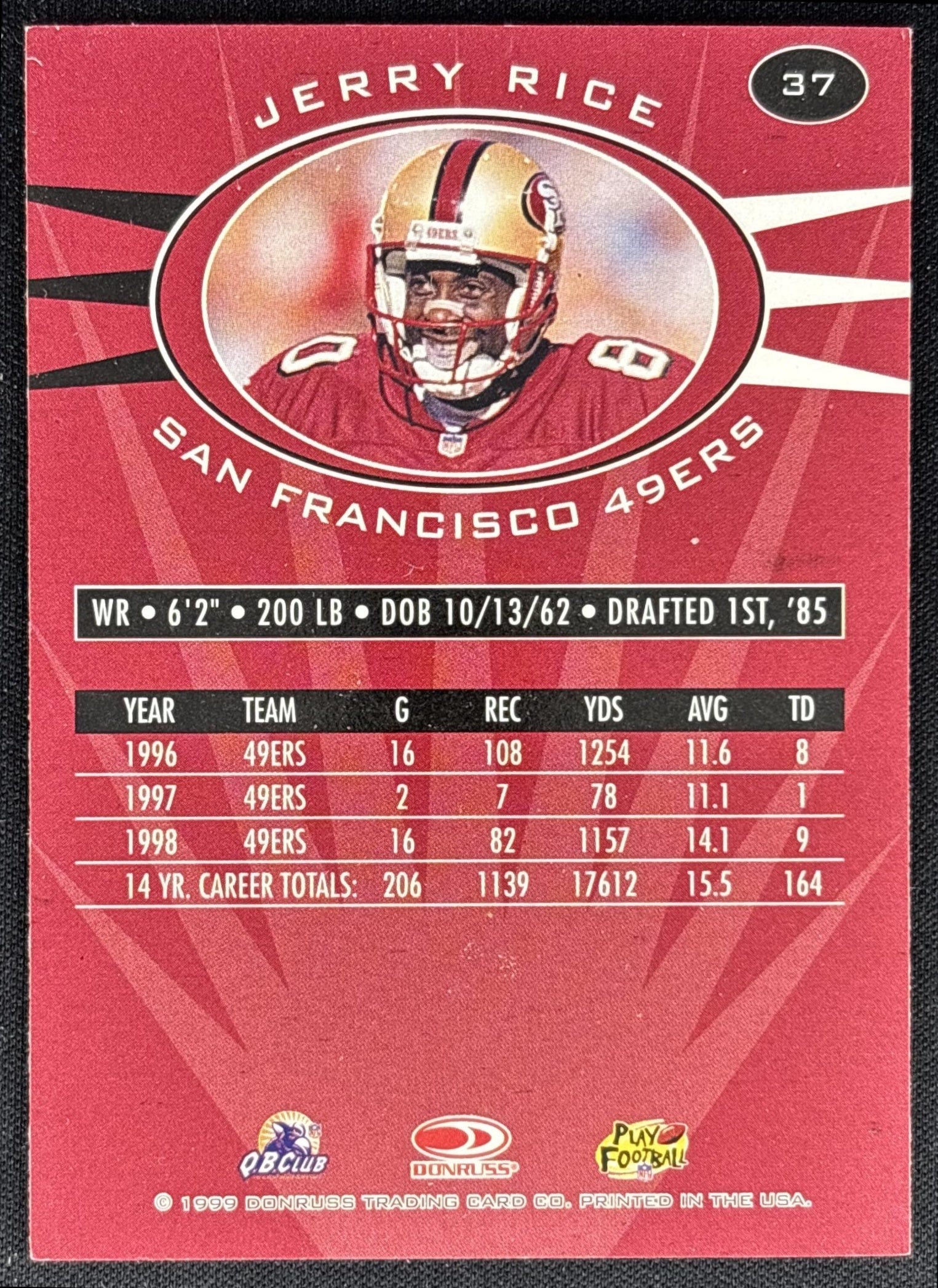 Jerry Rice 1999 Donruss Preferred QBC 49ers back