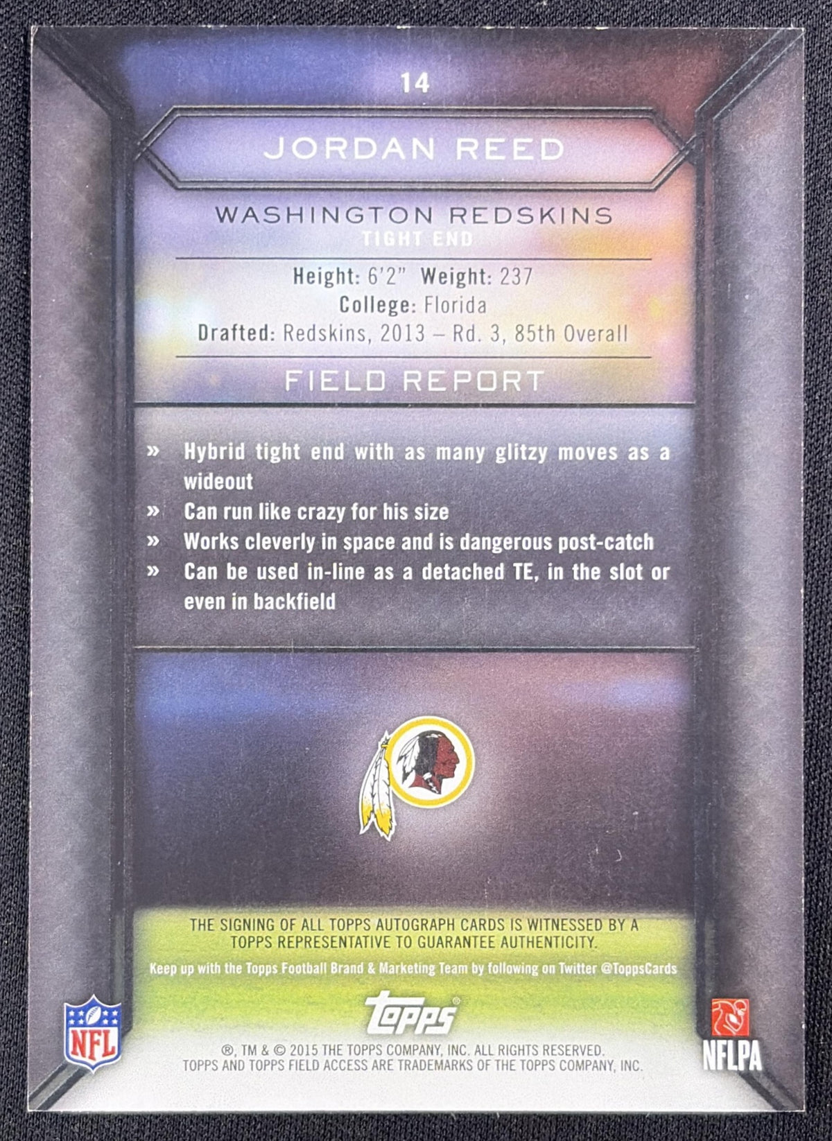 Jordan Reed 2015 Topps Field Access Auto Redskins Sports Trading Card