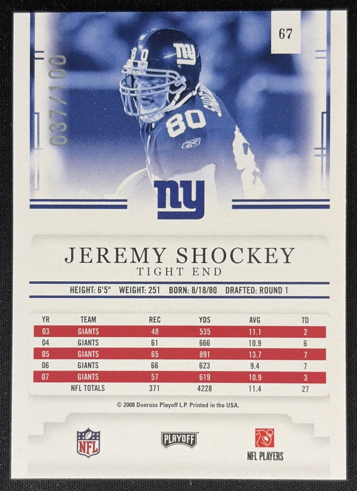Jeremy Shockey 2008 Playoff Prestige Xtra Points Red /100 Giants back
