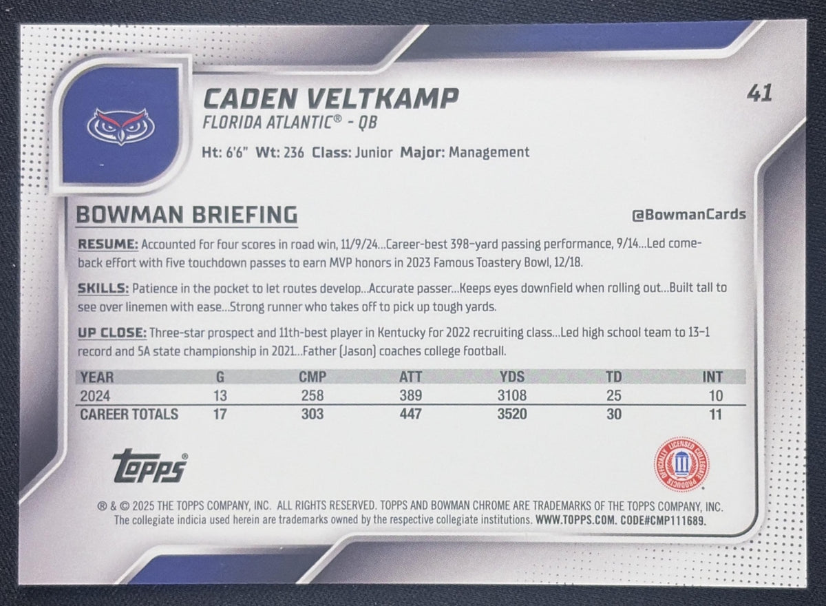 Caden Veltkamp 2025 Bowman Chrome University Prospects Black & White Stealth Refractor /48 Owls