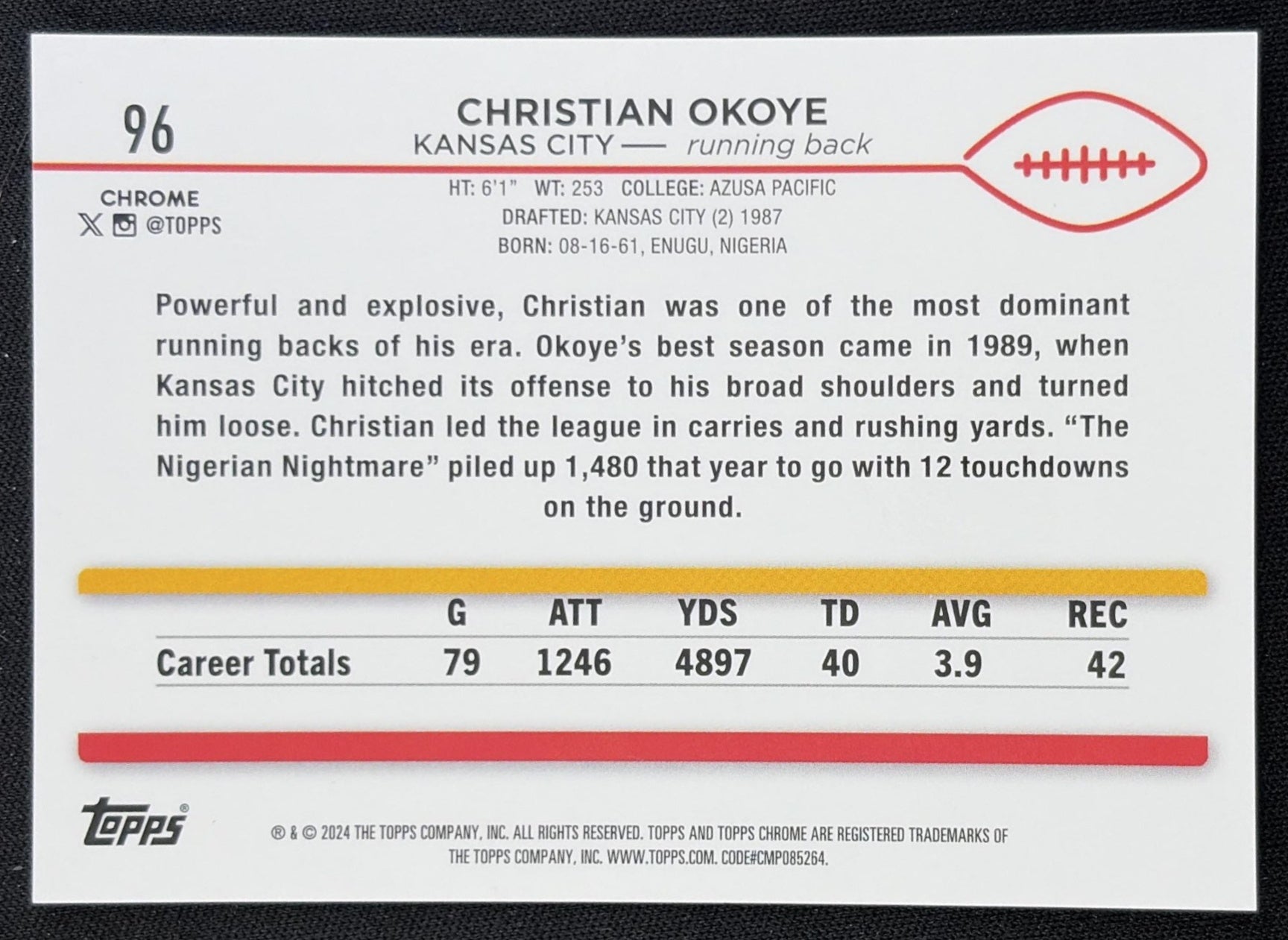 Christian Okoye 2024 Topps Chrome Sapphire Edition Orange Refractor /25 Chiefs Kansas City Chiefs