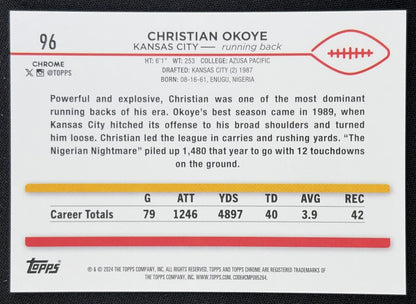 Christian Okoye 2024 Topps Chrome Sapphire Edition Orange Refractor /25 Chiefs Kansas City Chiefs