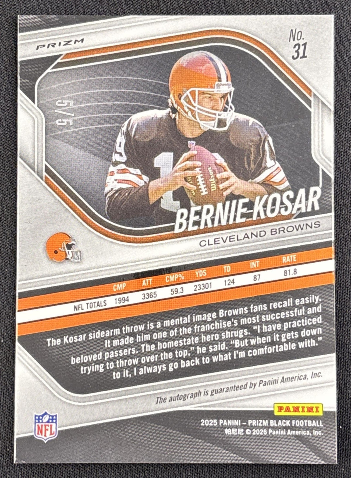 Bernie Kosar 2025 Panini Prizm Black Auto Gold Vinyl FOTL /5 Browns Sports Trading Card
