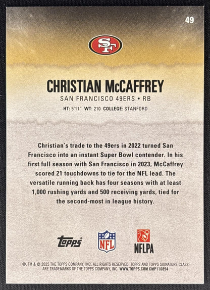 Christian McCaffrey 2025 Signature Class Veteran Auto Green Foil /150 49ers back