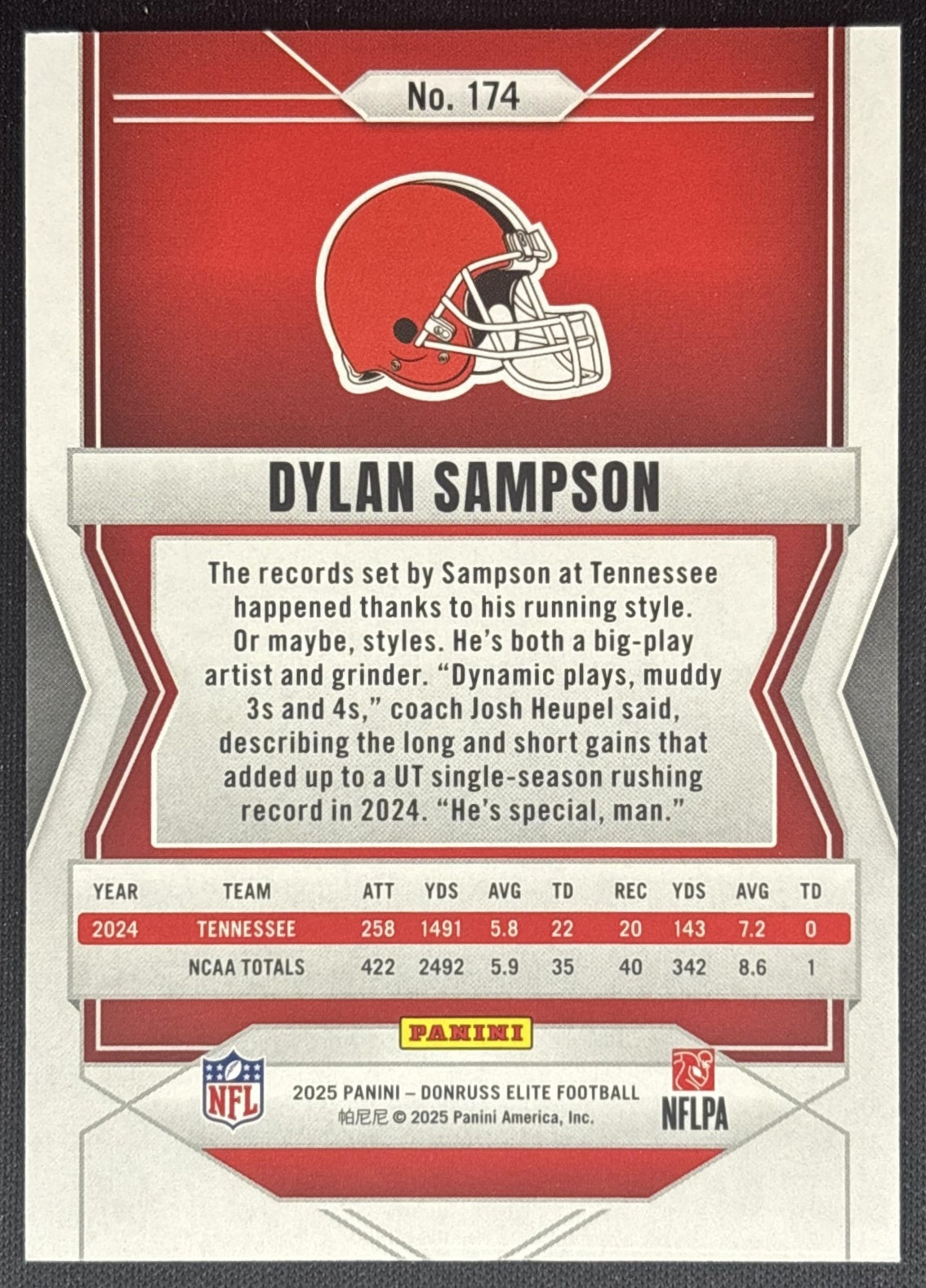 Dylan Sampson 2025 Panini Donruss Elite Rookies Red /99 Browns back
