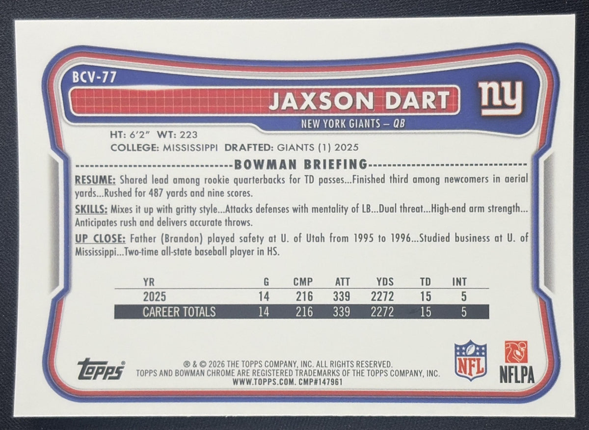 Jaxson Dart 2026 Bowman Chrome NFL Mojo Refractor Giants