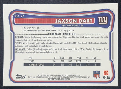 Jaxson Dart 2026 Bowman Chrome NFL Mojo Refractor Giants