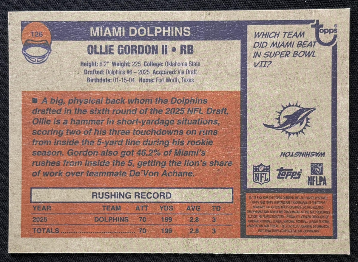 Ollie Gordon II 2026 Topps Heritage Chrome Aqua Sparkle Dolphins