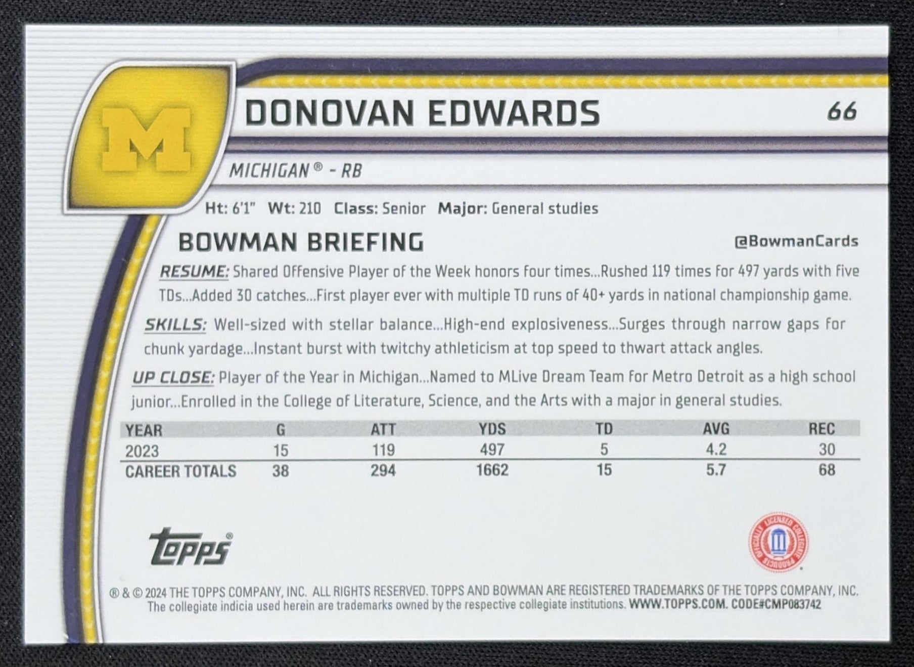 Donovan Edwards 2024 Bowman Chrome University Fuchsia Refractor /150 Wolverines