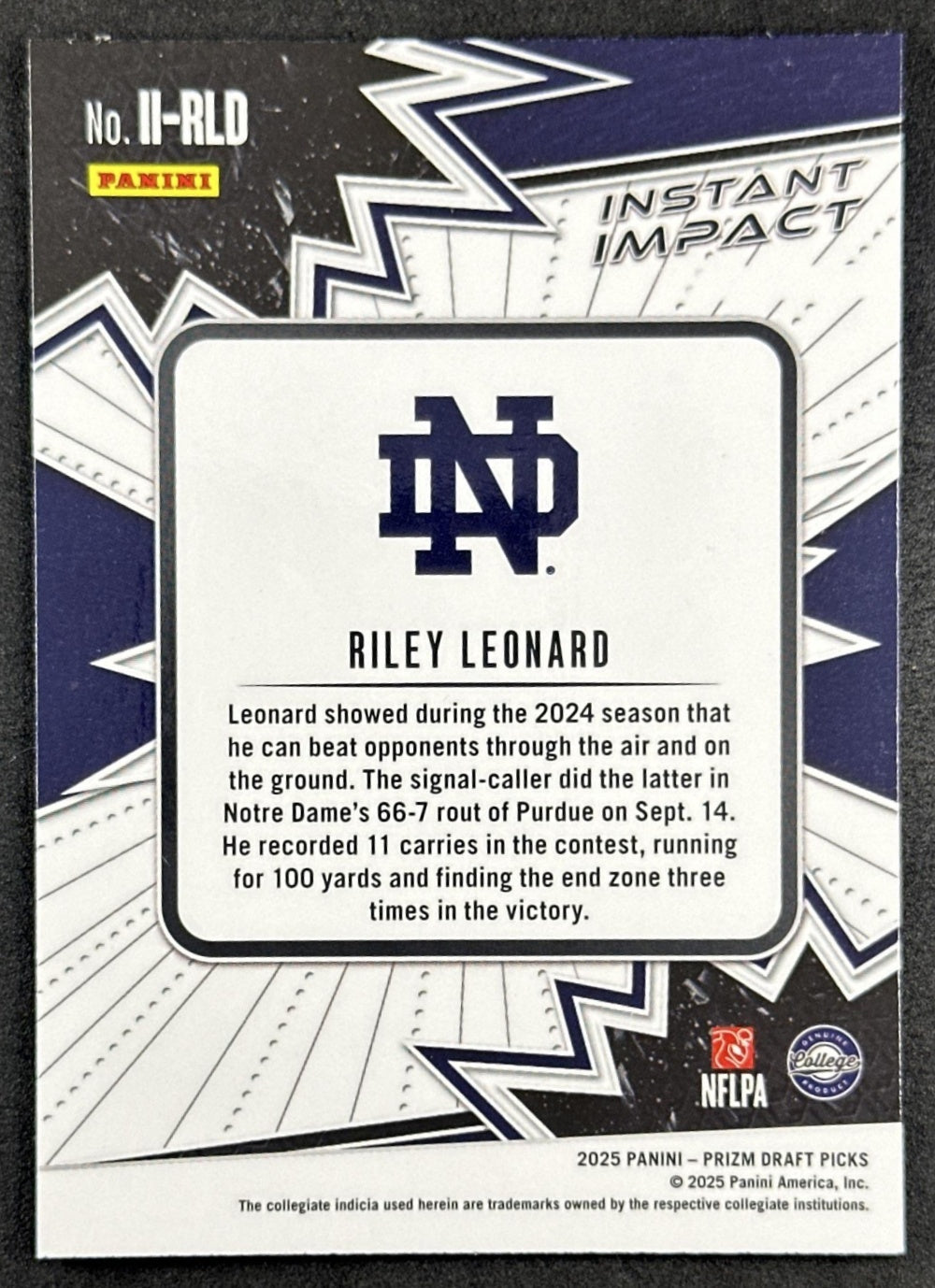 Riley Leonard 2025 Panini Prizm Draft Picks Instant Impact Fighting Irish Colts