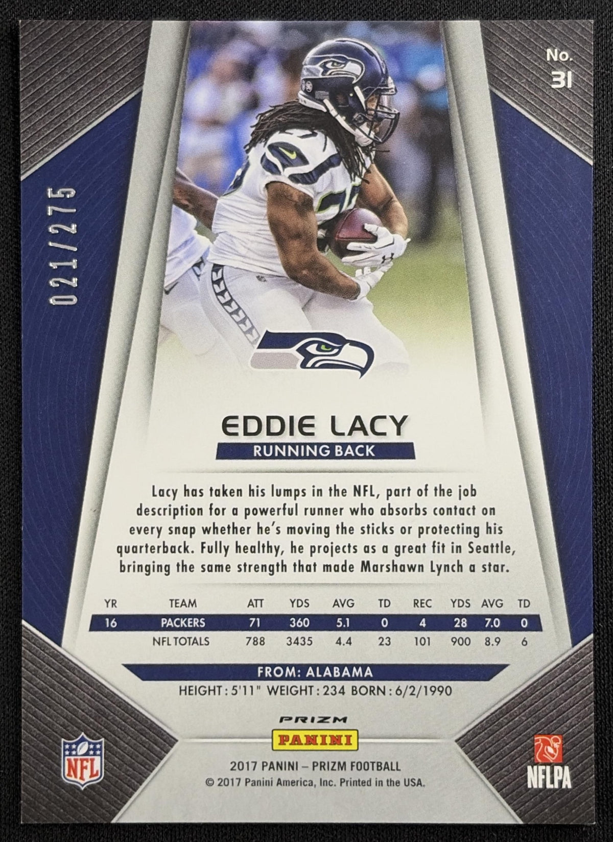 Eddie Lacy 2017 Panini Prizm Orange /275 Seahawks Seattle Seahawks Sports Trading Card