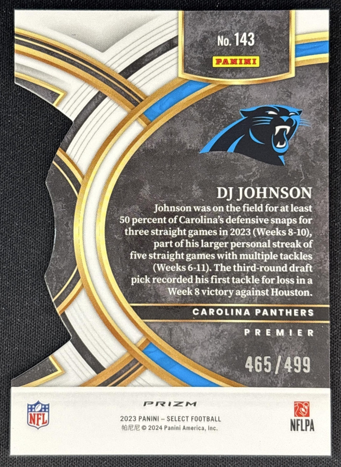 DJ Johnson Select Premier Die Cut Green /499 Panthers Commanders back