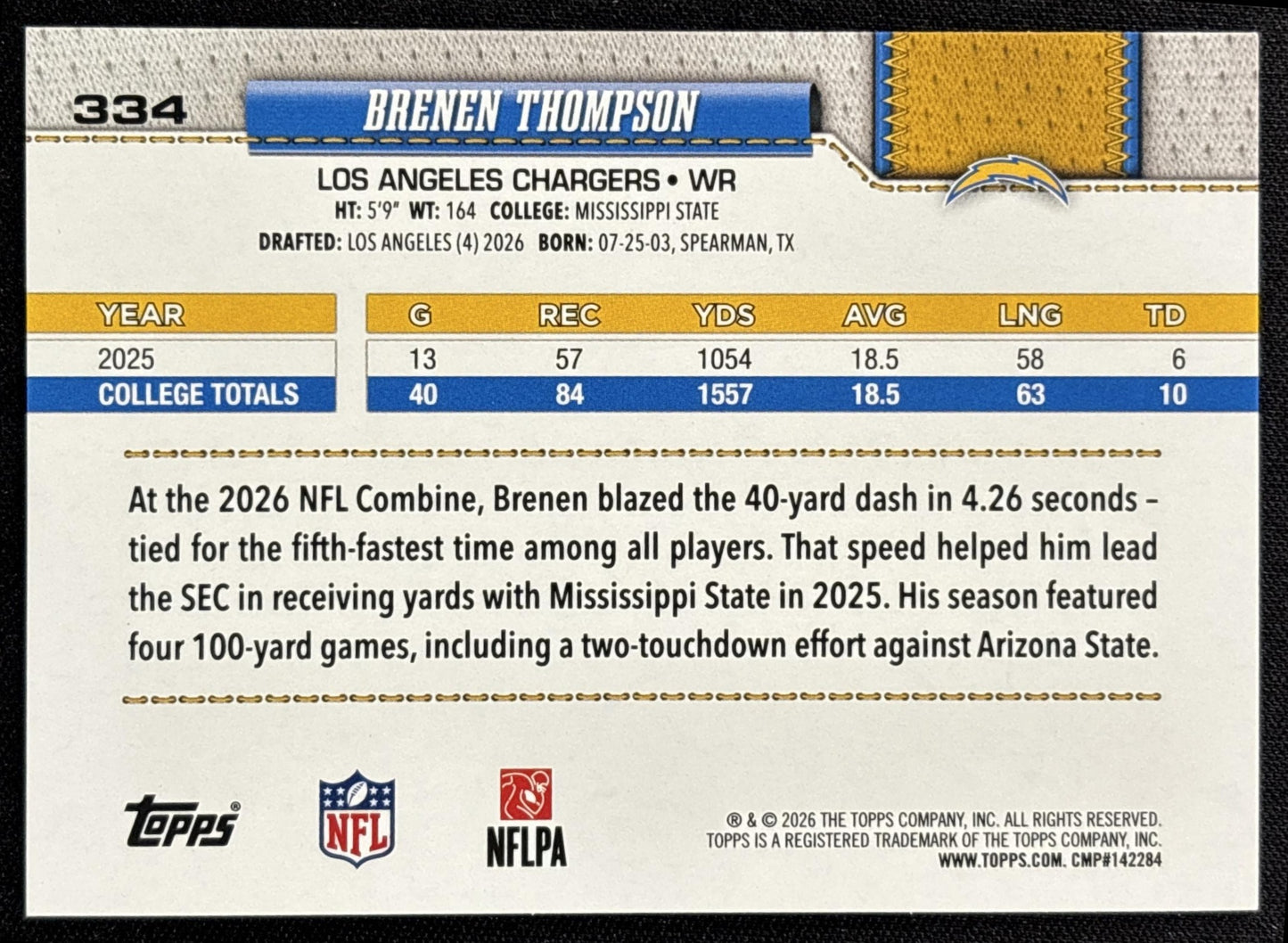 Brenen Thompson 2026 Topps Football Leather Foil Chargers