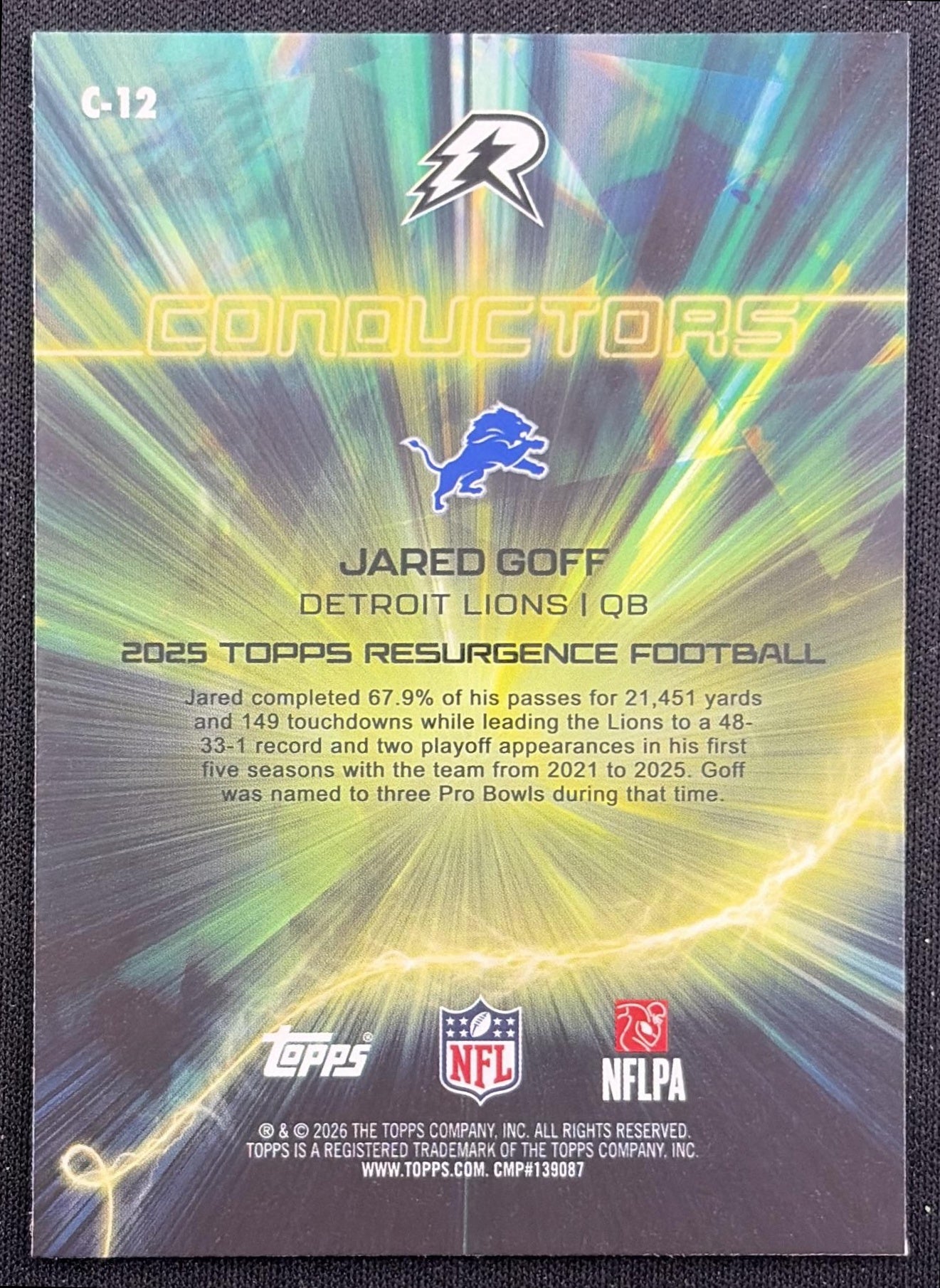 Jared Goff 2025 Topps Resurgence Conductors Surge Refractor /425 Lions Detroit Lions back