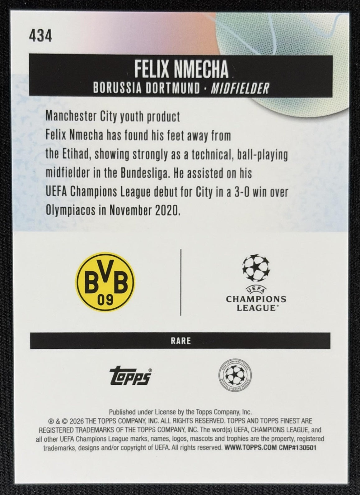 Felix Nmecha 2025 UEFA Club Competition Finest Rare Purple Checkerboard Refractor /75 Dortmund